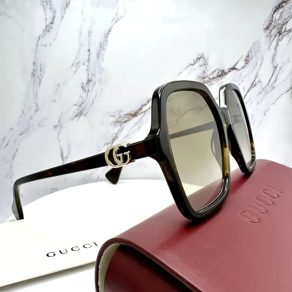 New GUCCI Sunglasses Brown Square Oversized Gold Metal GG Logo 56mm